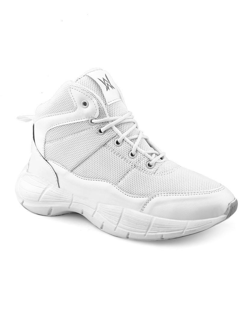 men solid white high ankle lace up sneaker