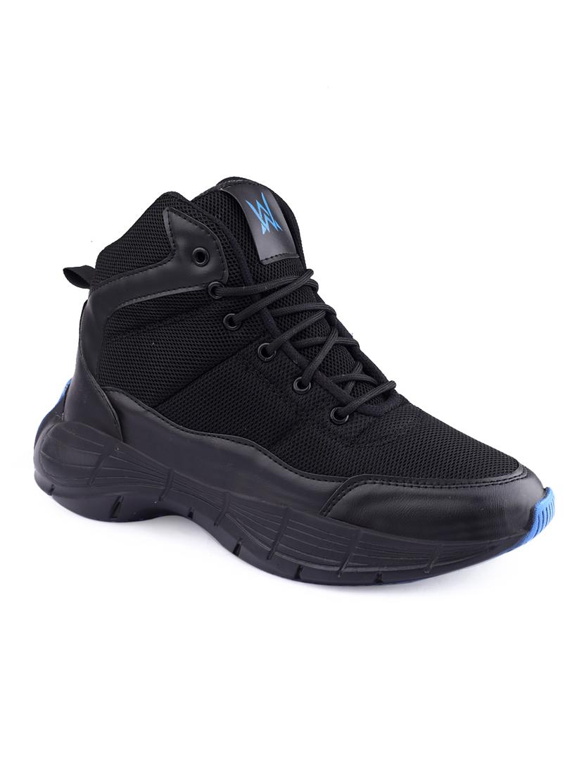 men solid black high ankle lace up sneaker