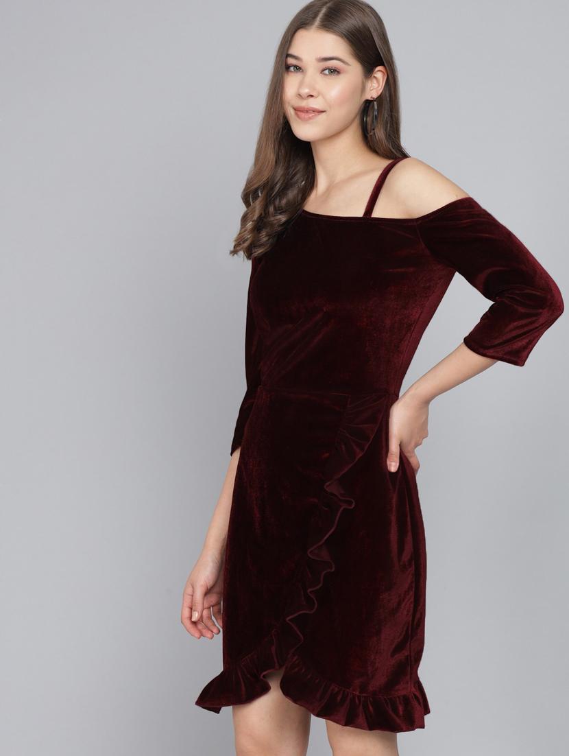 maroon solid bodycon dress