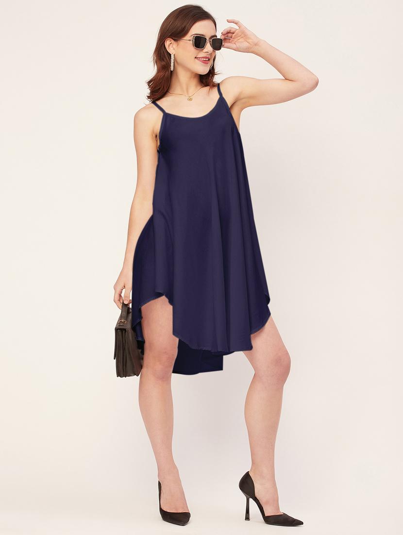 women solid sleevless asymmetric dress