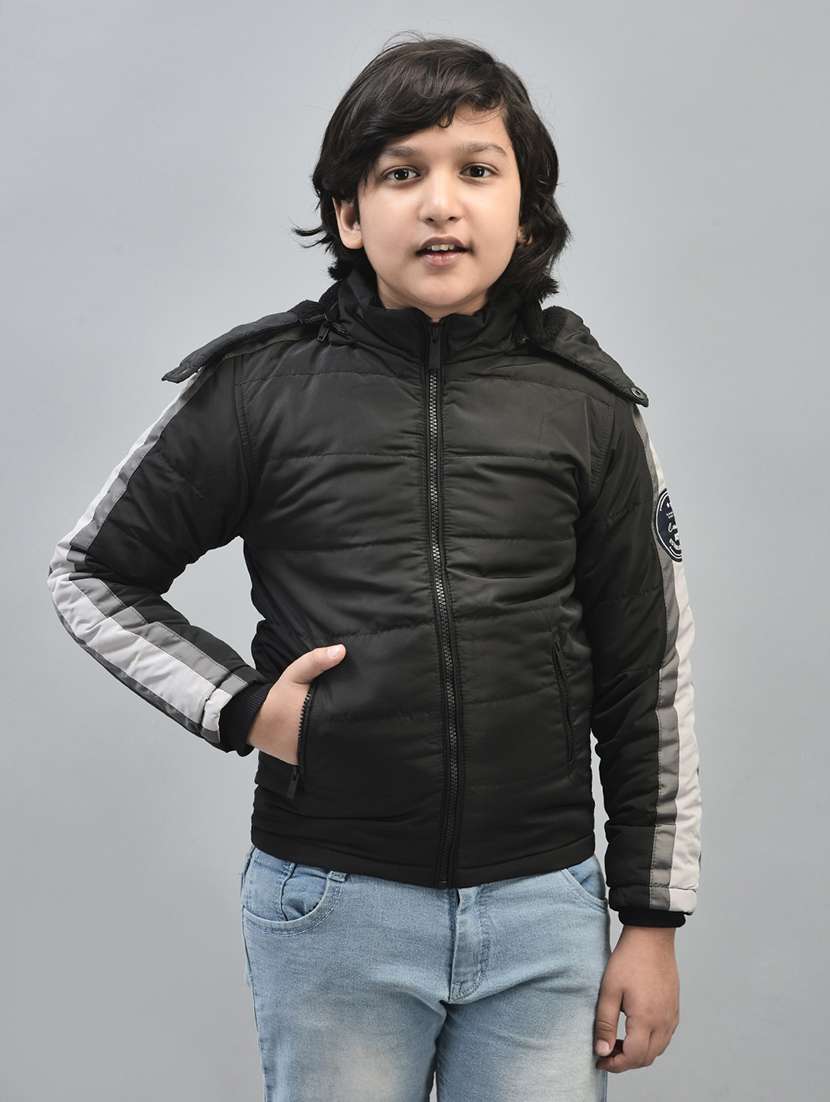 boys black solid hooded puffer jacket