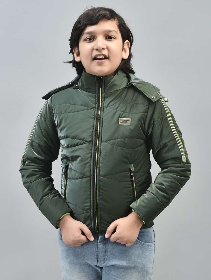 boys green solid full sleeve hooded puffer jacket