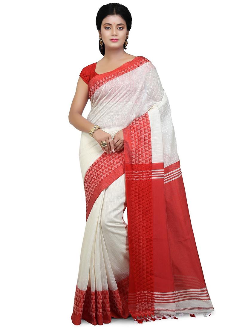 women white & red solid bordered saree with blouse