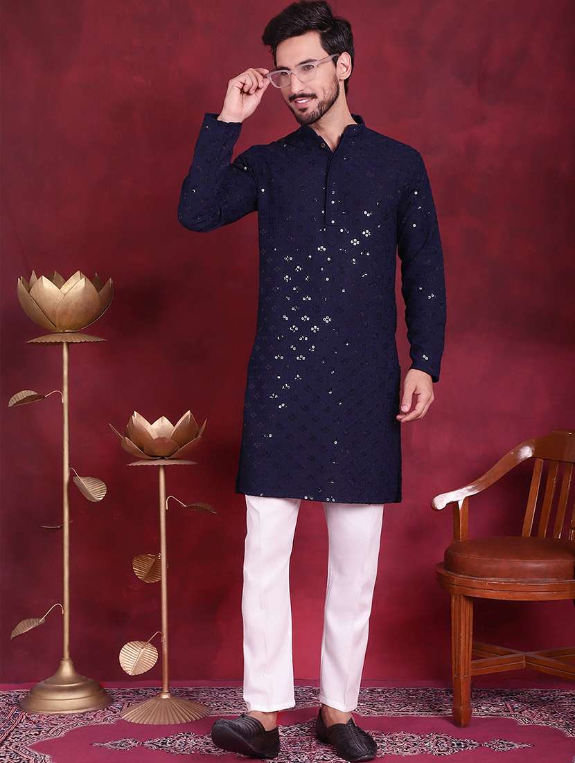 men solid with work mandarin neck long kurta