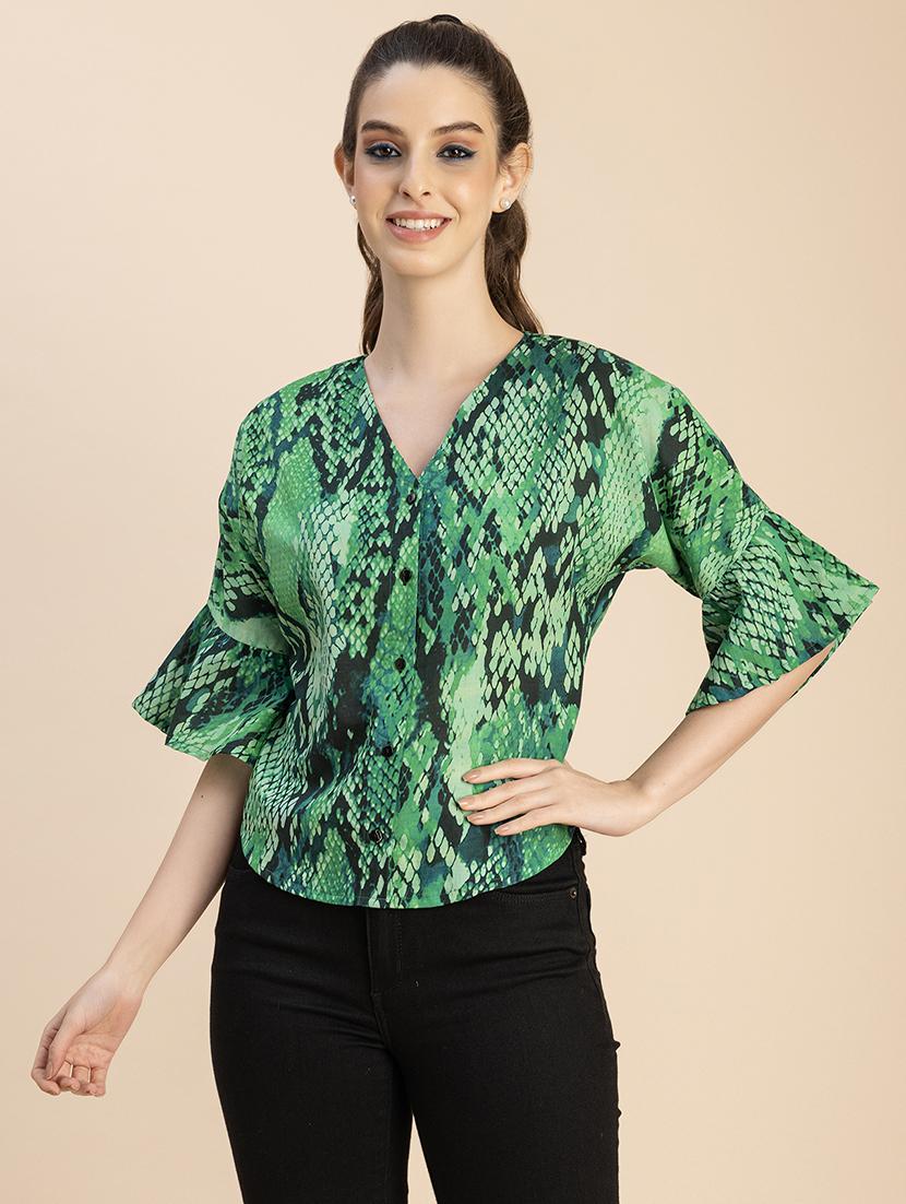 women animal print bell sleeves top