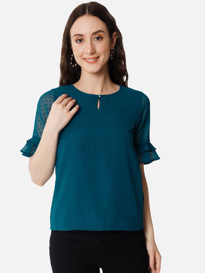 teal blue self design regular top