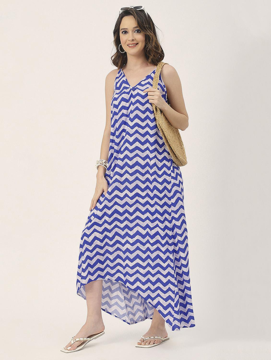 women blue chevron printed high low dress