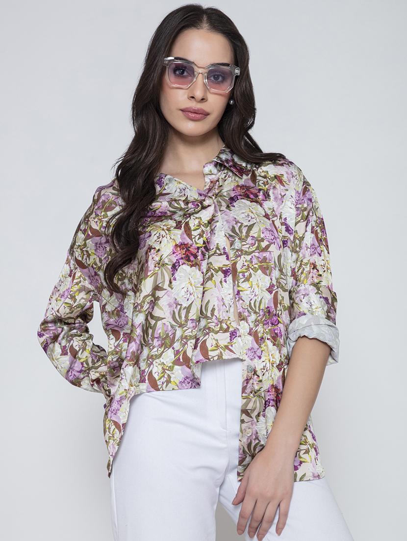 purple floral satin oversized shirt