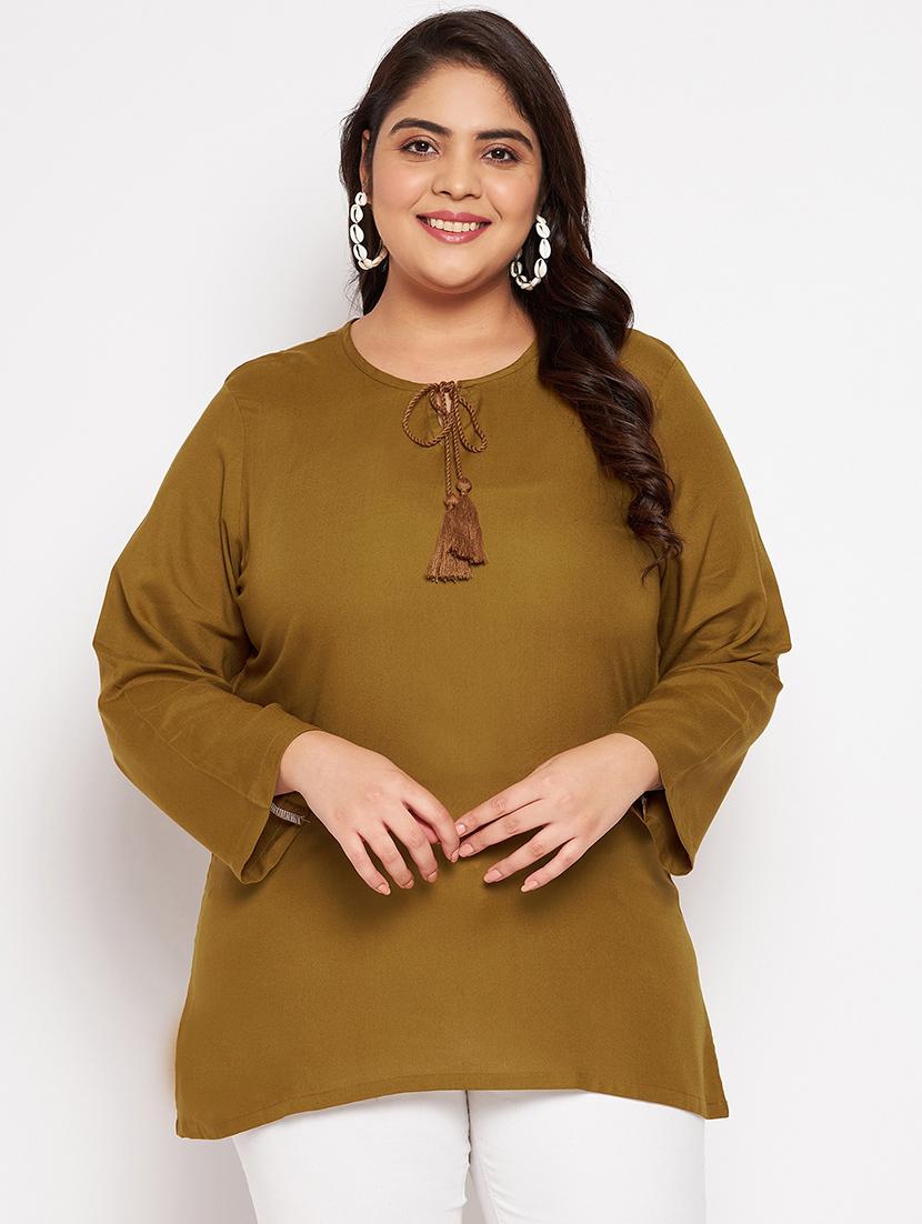 solid khaki brown detailed plus size top