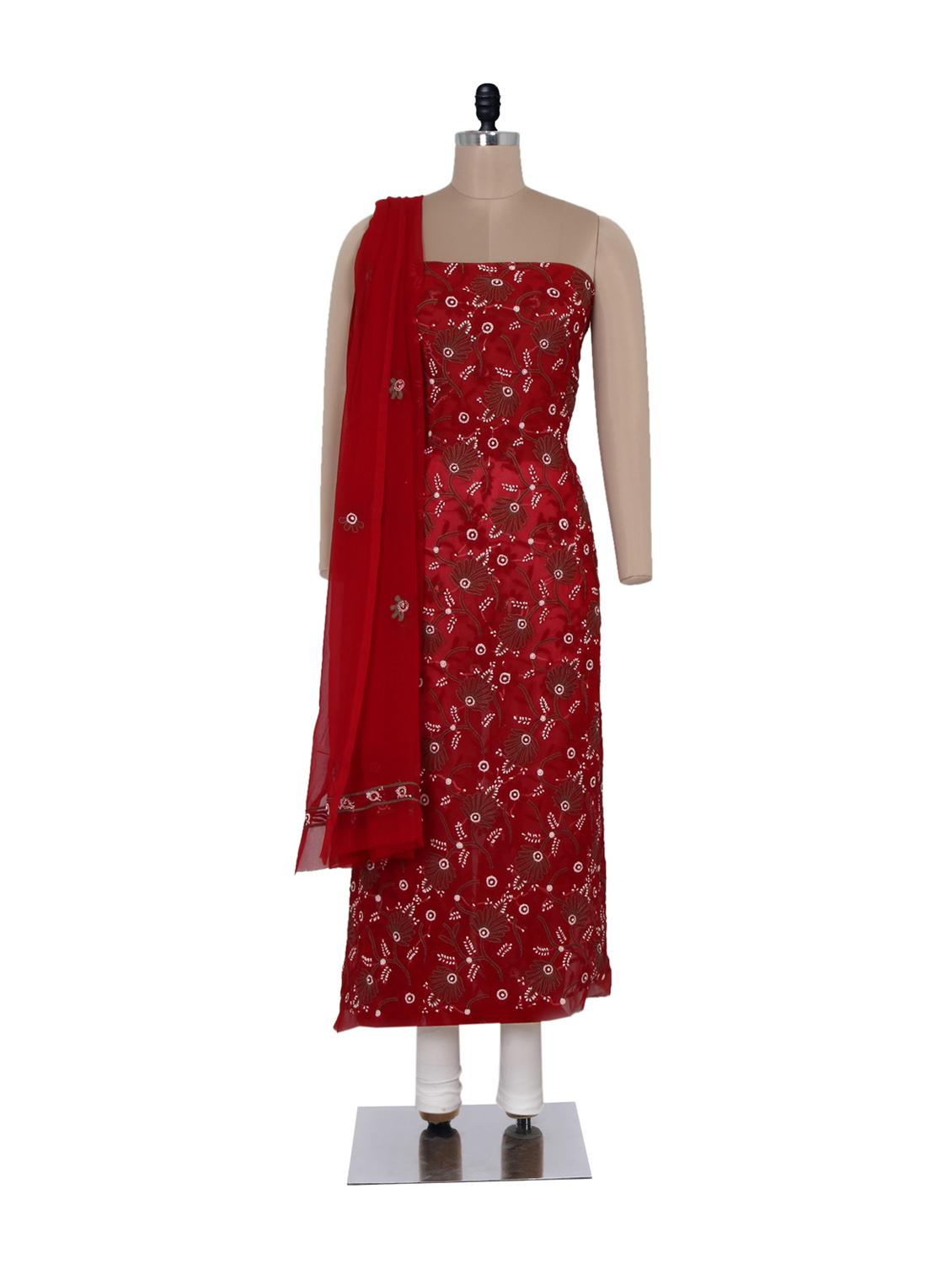 Beautiful Red Unstitched Chikankari Suit - Ada