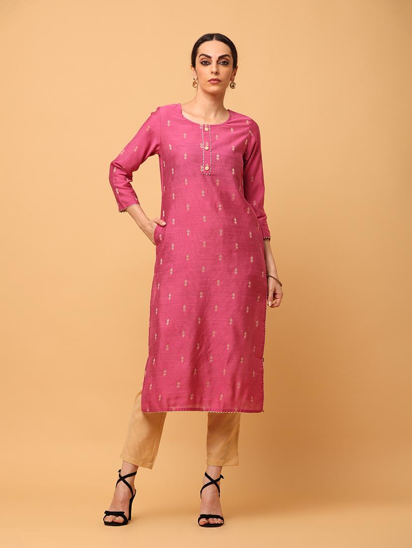 women pink round neck straight kurta