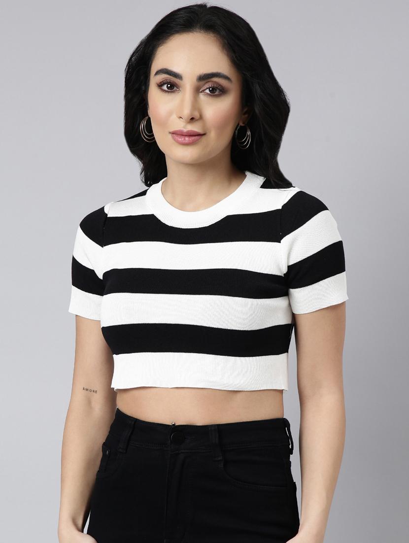 women striped round neck crop top