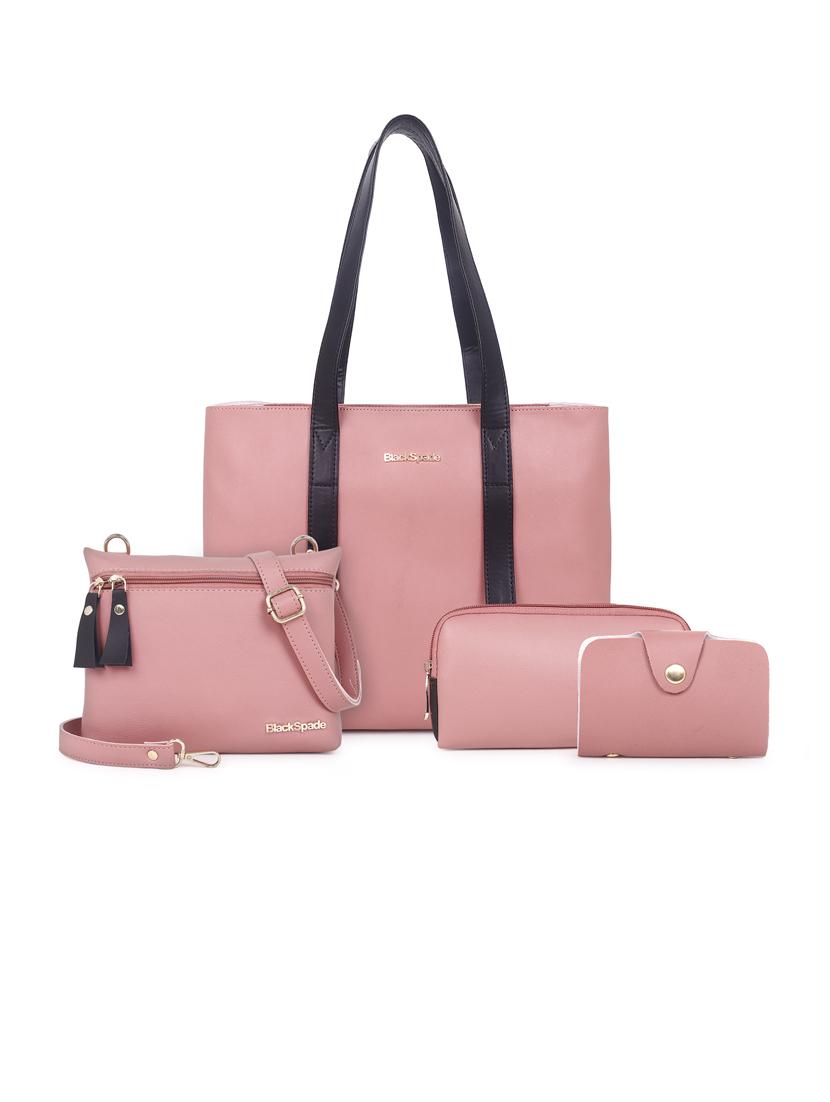 pink solid set of 3 leatherette (pu) regular tote