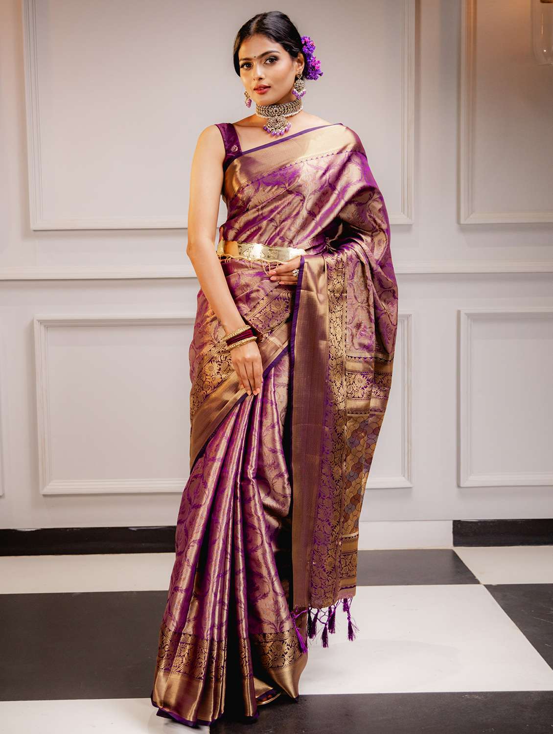 purple art silk kanjivaram saree