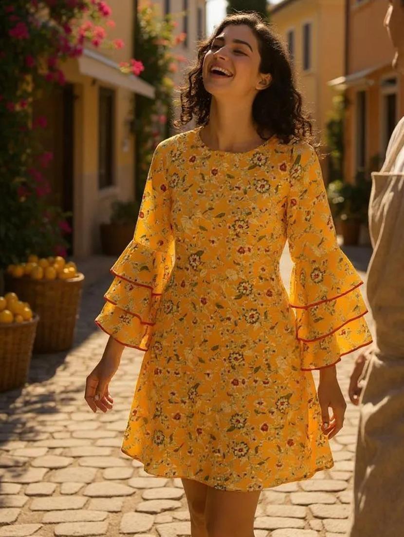 women floral print ruffle sleeves a-line dress