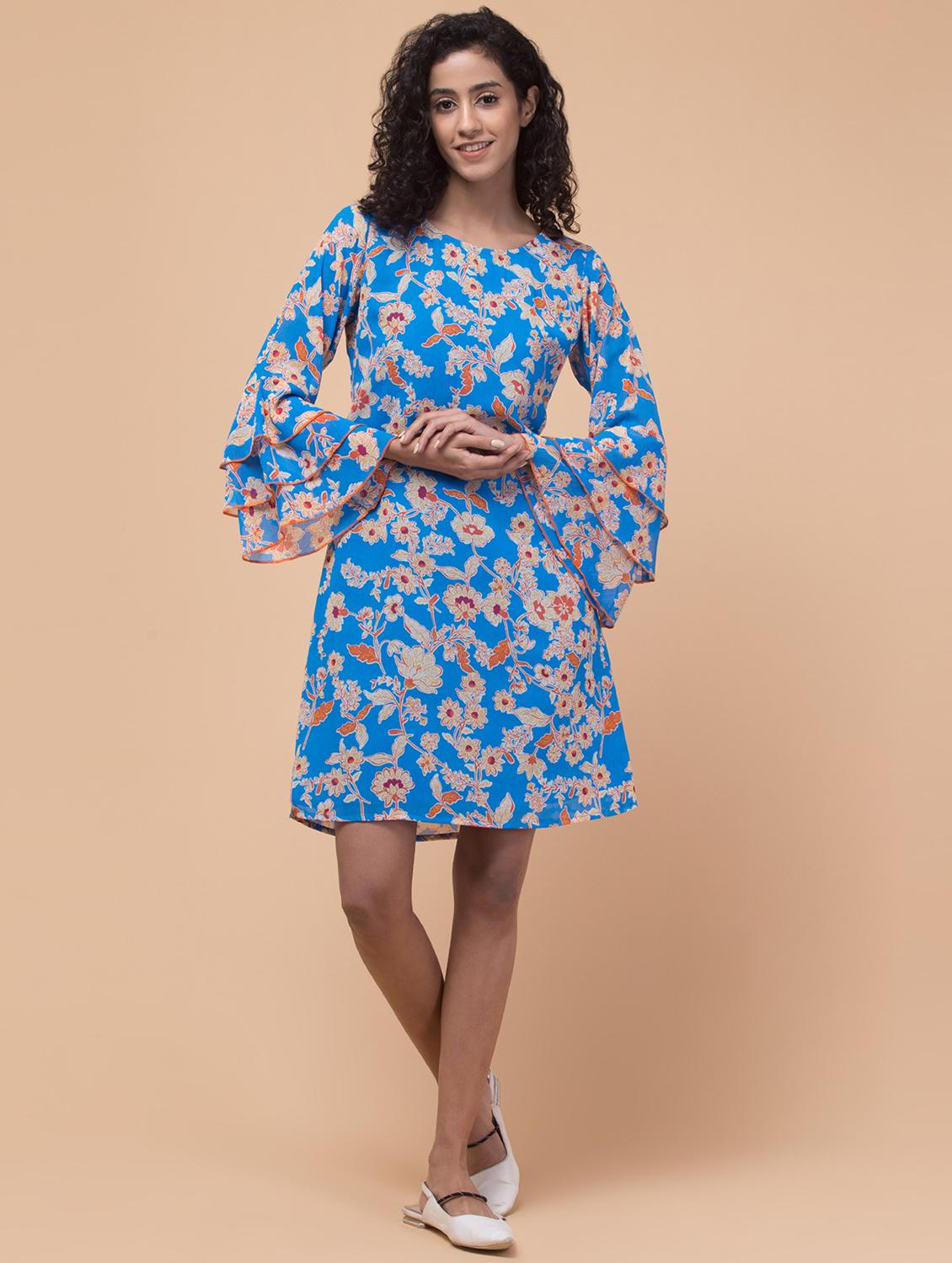 women floral print ruffle sleeves a-line dress