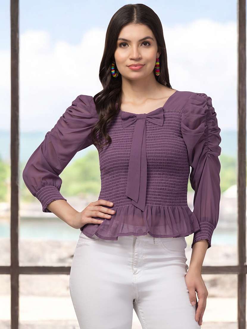 women purple slim fit puff sleeve solid peplum top