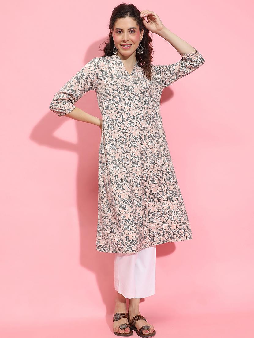 women pink printed a-line kurta