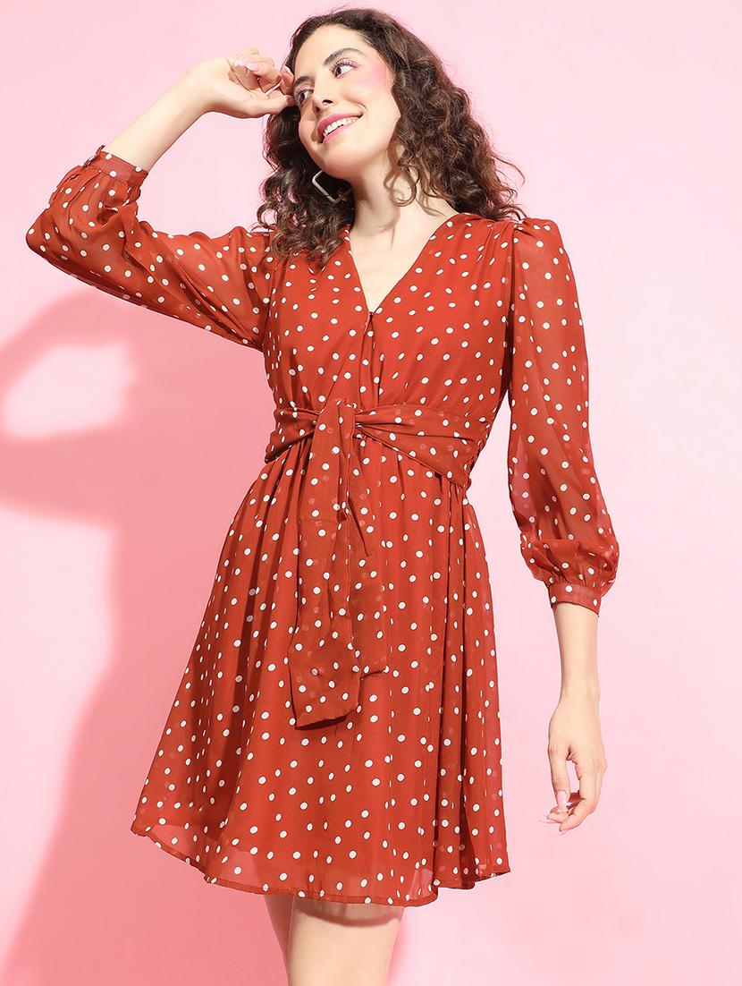 women rust polka dot fit & flare dress