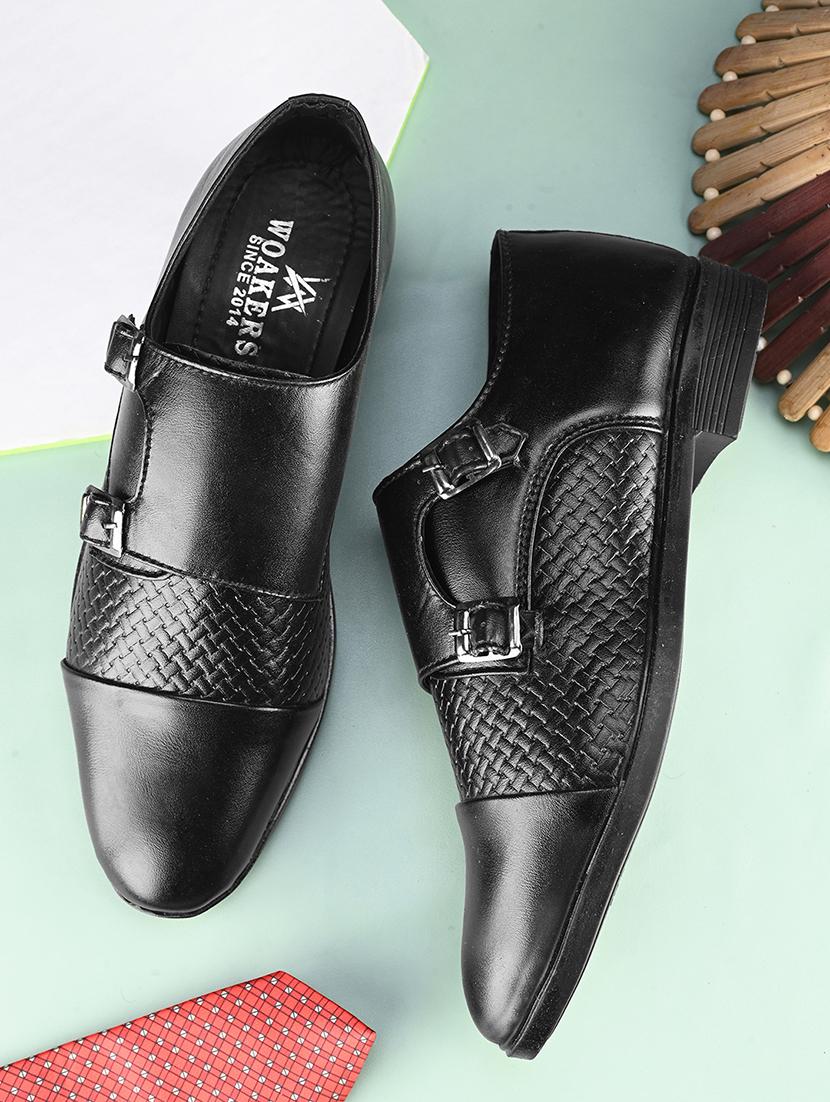 black monk strap formal shoes with texture detailing
