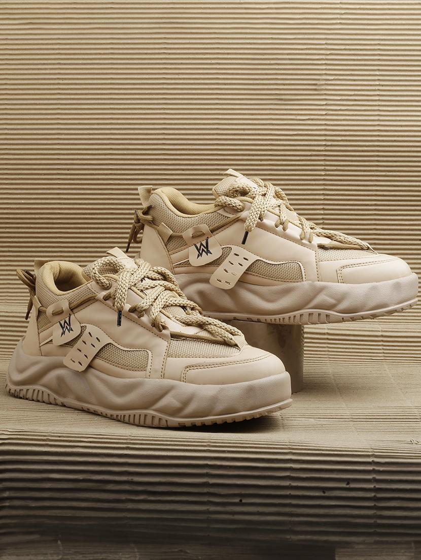 beige synthetic lace up sneakers