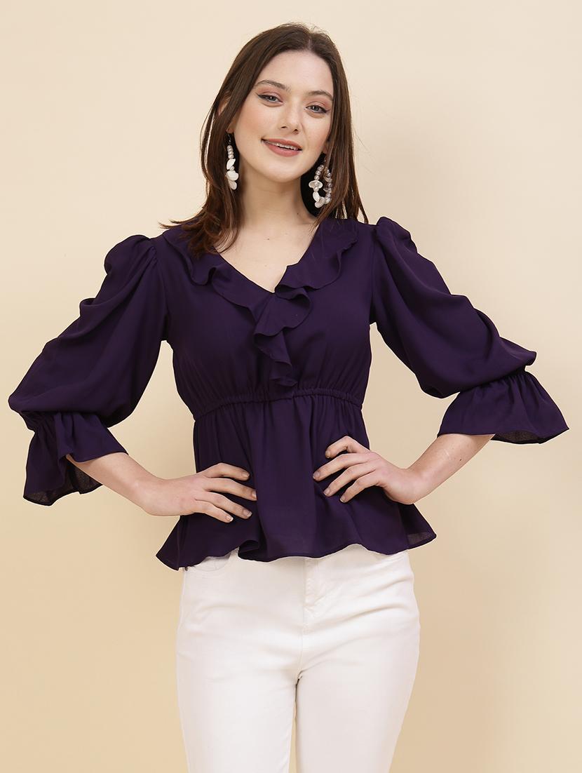 women solid puff sleeves peplum top