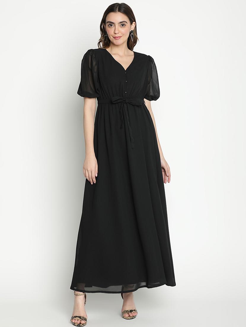black polyester fit & flare dress