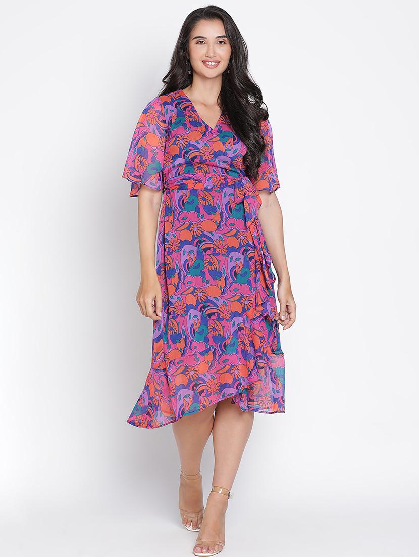 women multi colored polyester wrap dress