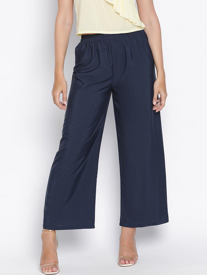 women mid-rise solid wide leg trouser