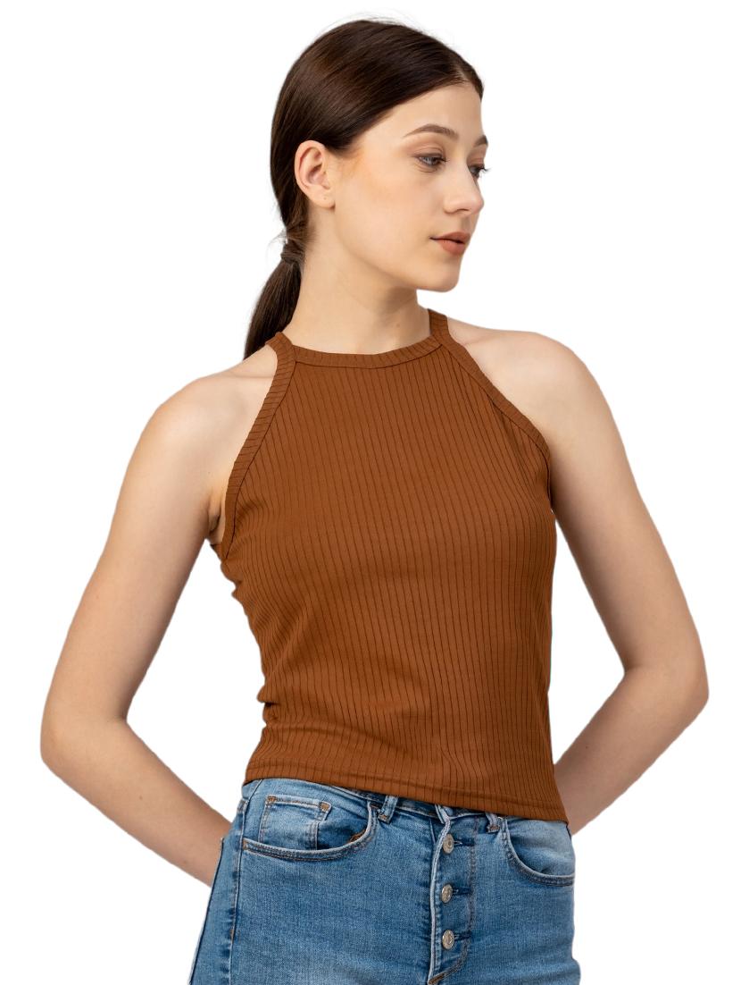 women solid halter neck tank top