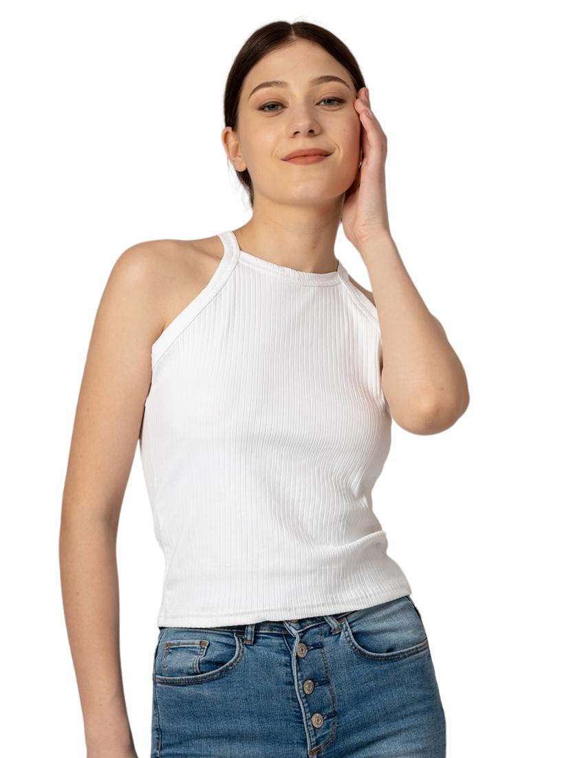 women solid halter neck tank top