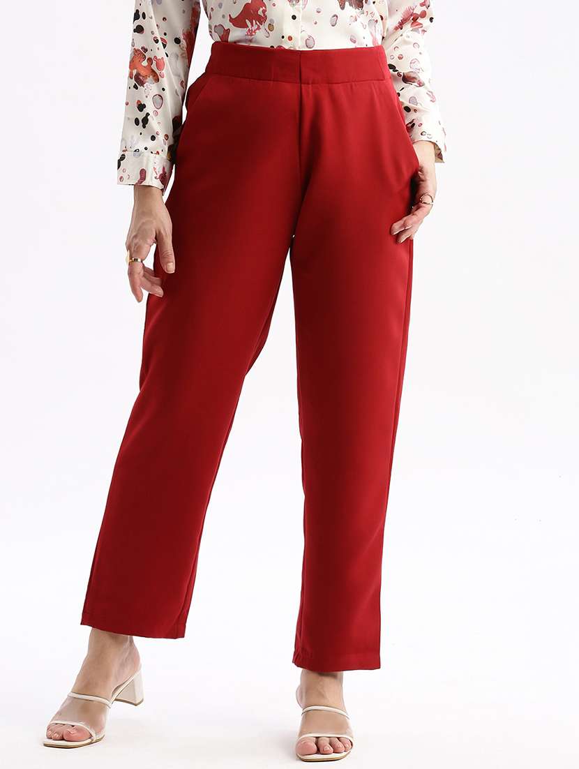 women solid mid rise tailored pants