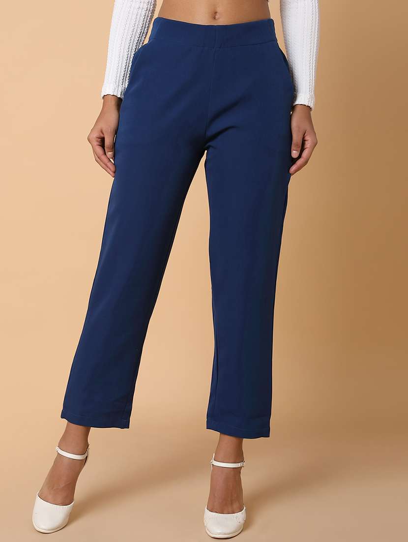 women solid mid rise tailored pants