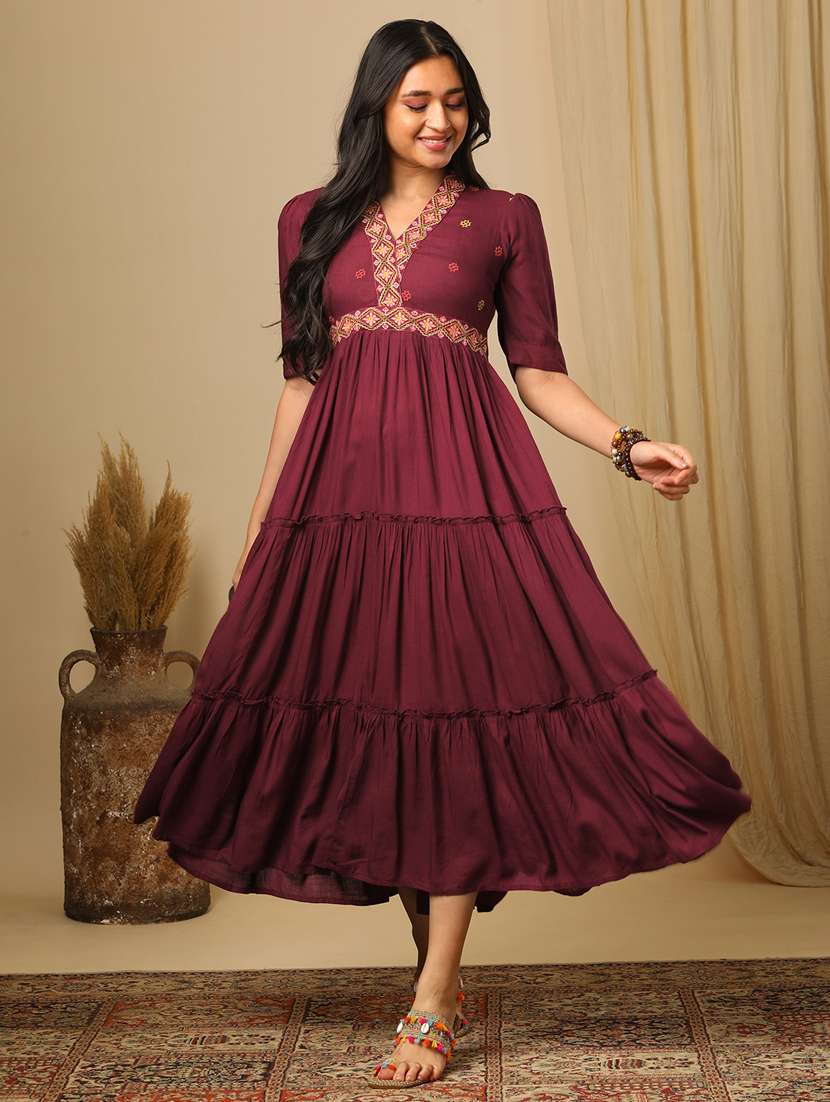 women's burgundy embroidered v-neck puff sleeves boho tiered fusion fit & flare maxi dress