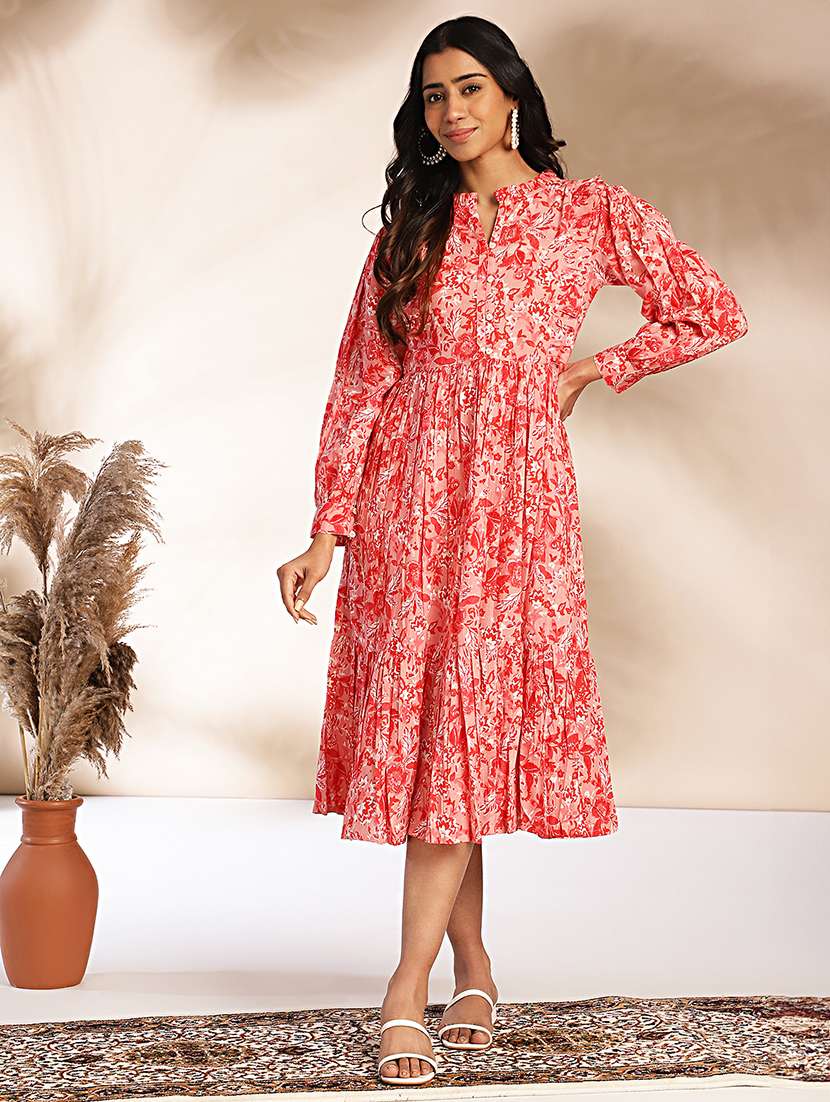 women printed mandarin neck tiered dress