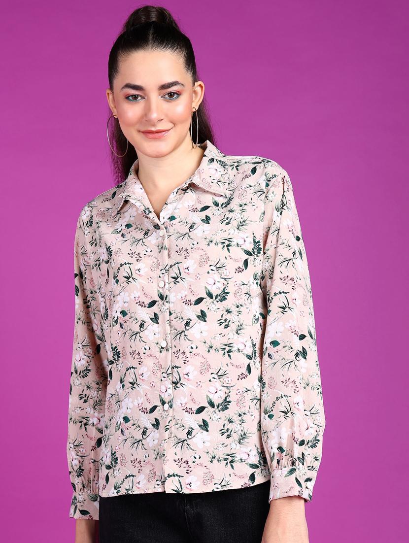 women printed collared long sleeves shirt