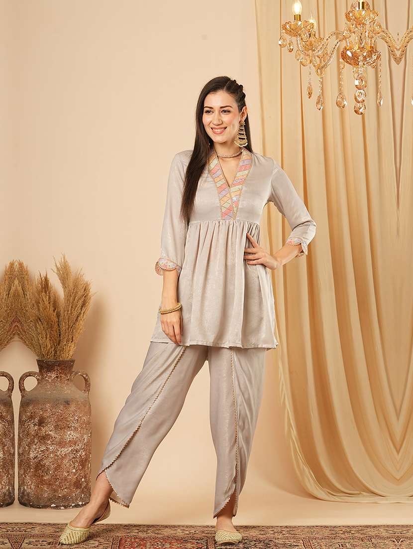 globus women grey overlapping sequined lace v neck velvet peplum tunic & mid-rise ankle length dhoti fusion co-ord set