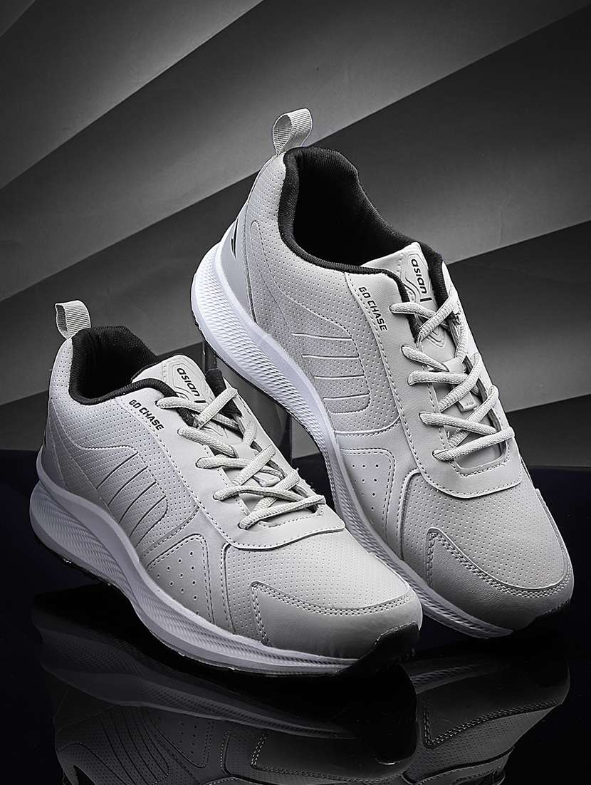 men grey lace up running shoes
