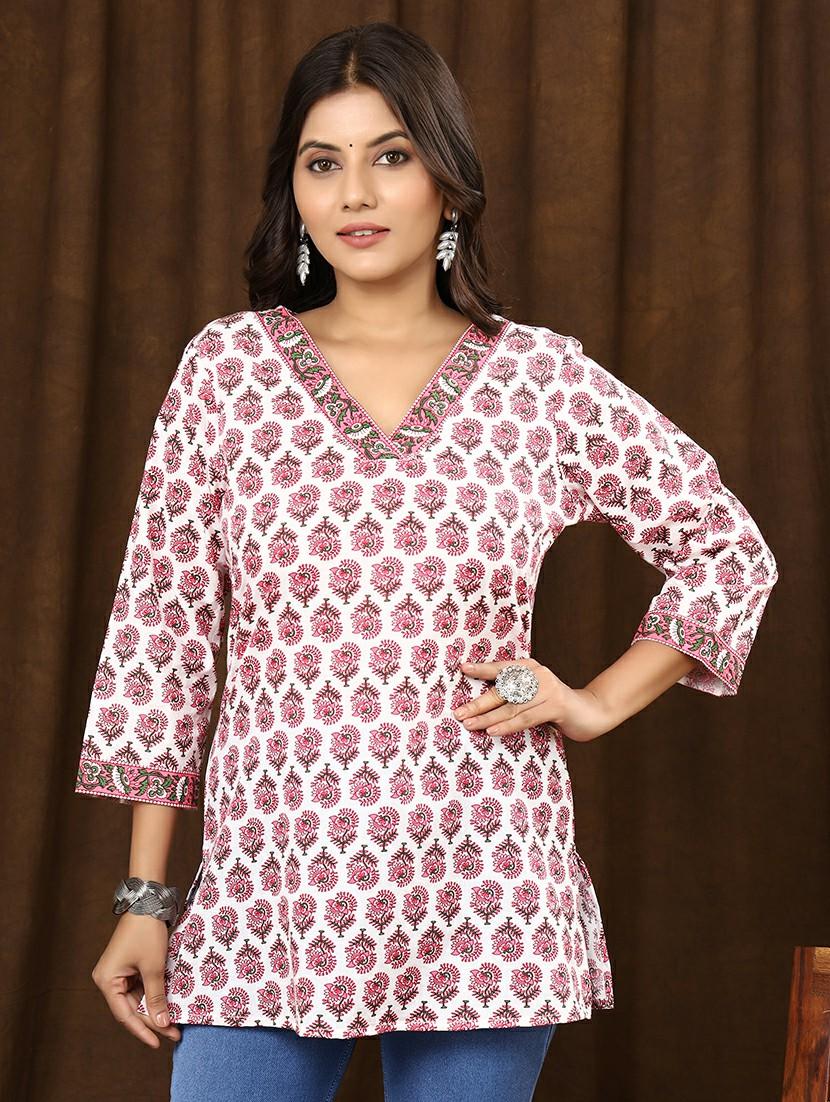 women floral printed v neck straight kurti