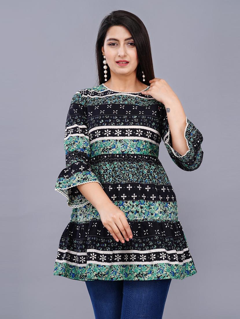 women printed round neck a-line top