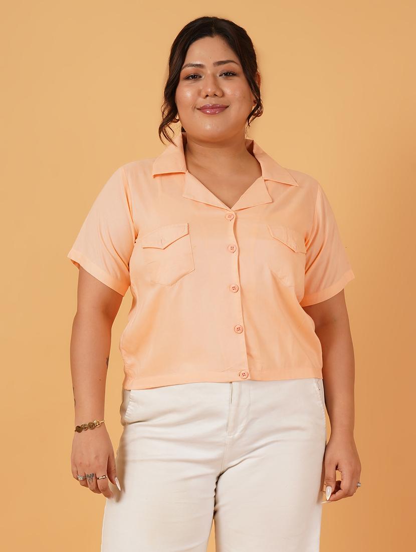 women peach solid short sleeve crop shirt