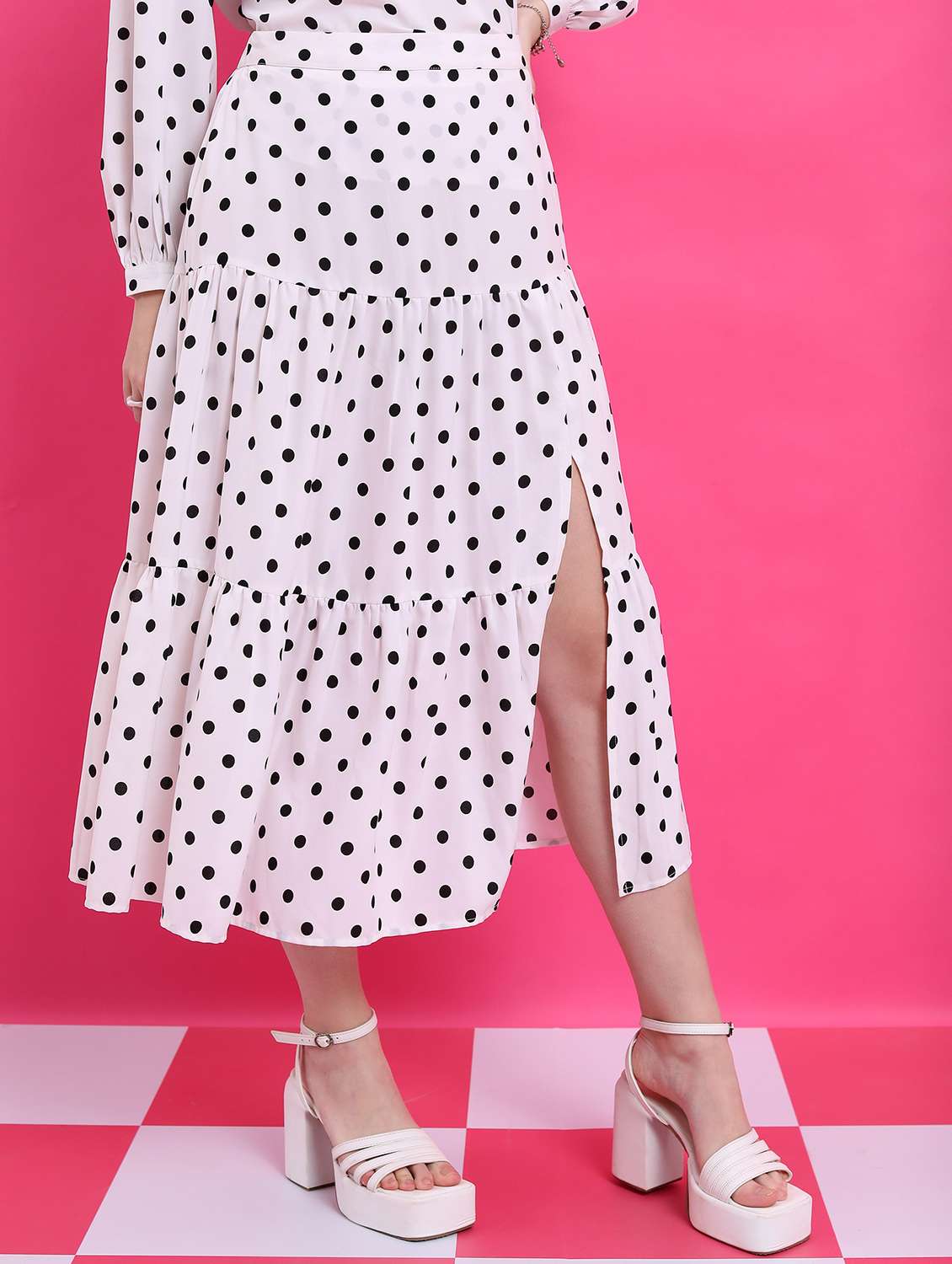 women white polka dot printed flared skirt