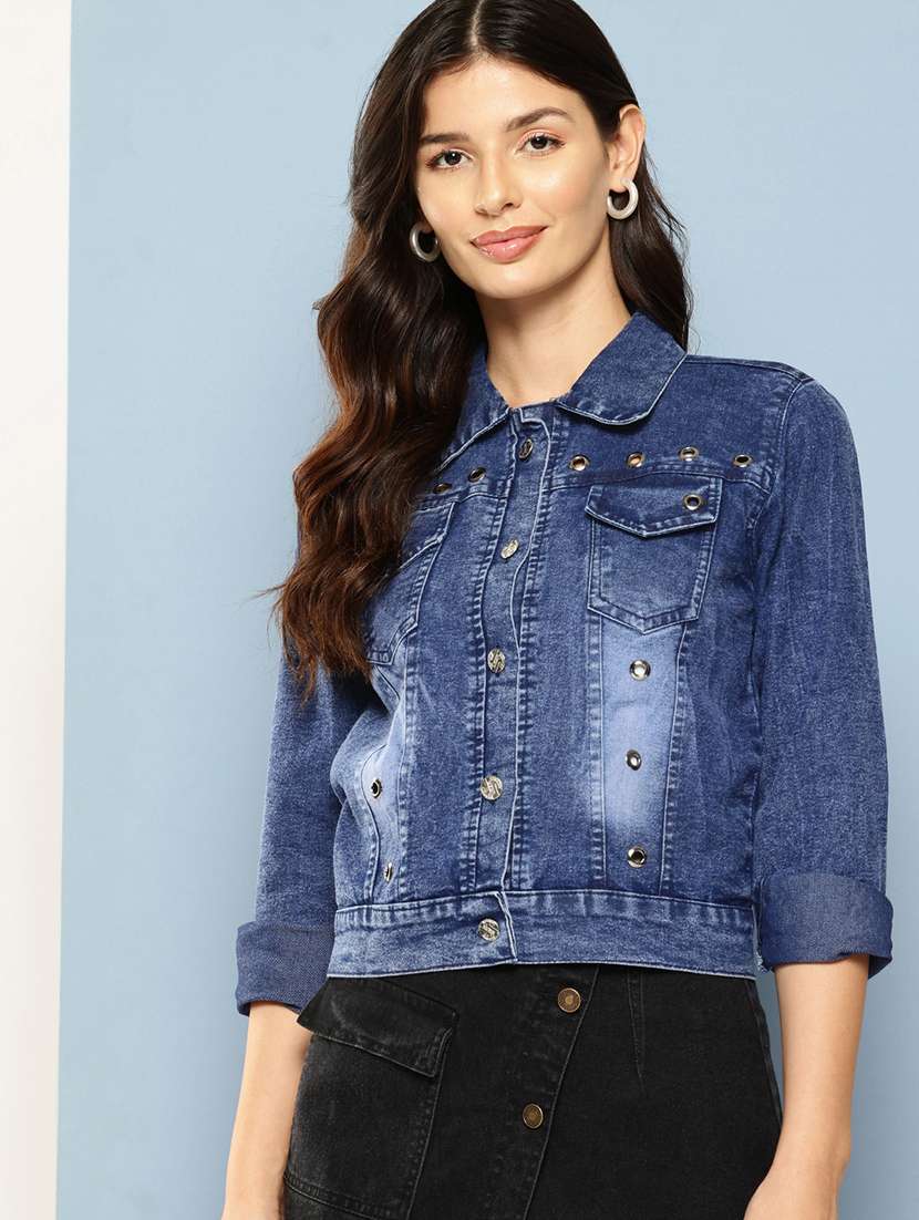 women collared long sleeves denim jacket