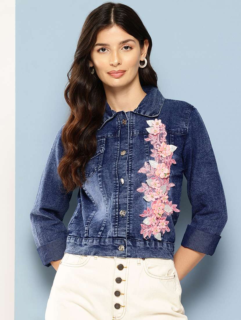 women collared long sleeves denim jacket