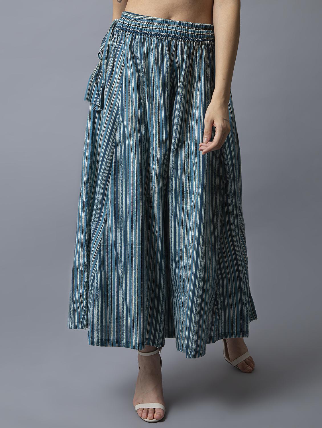 women teal stripes printed flared palazzo