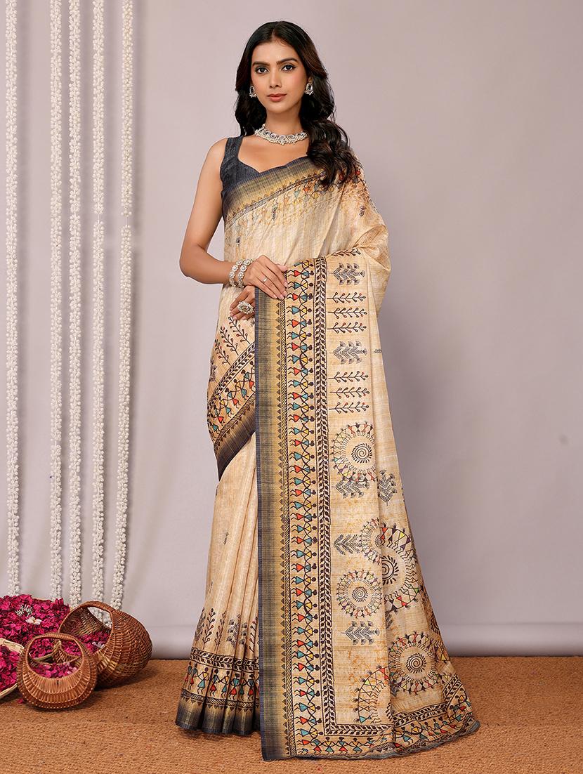 women beige printed saree with blouse