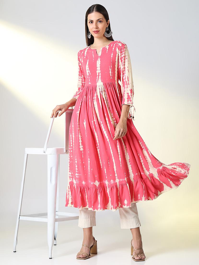 women pink tie & dye printed flared kurta