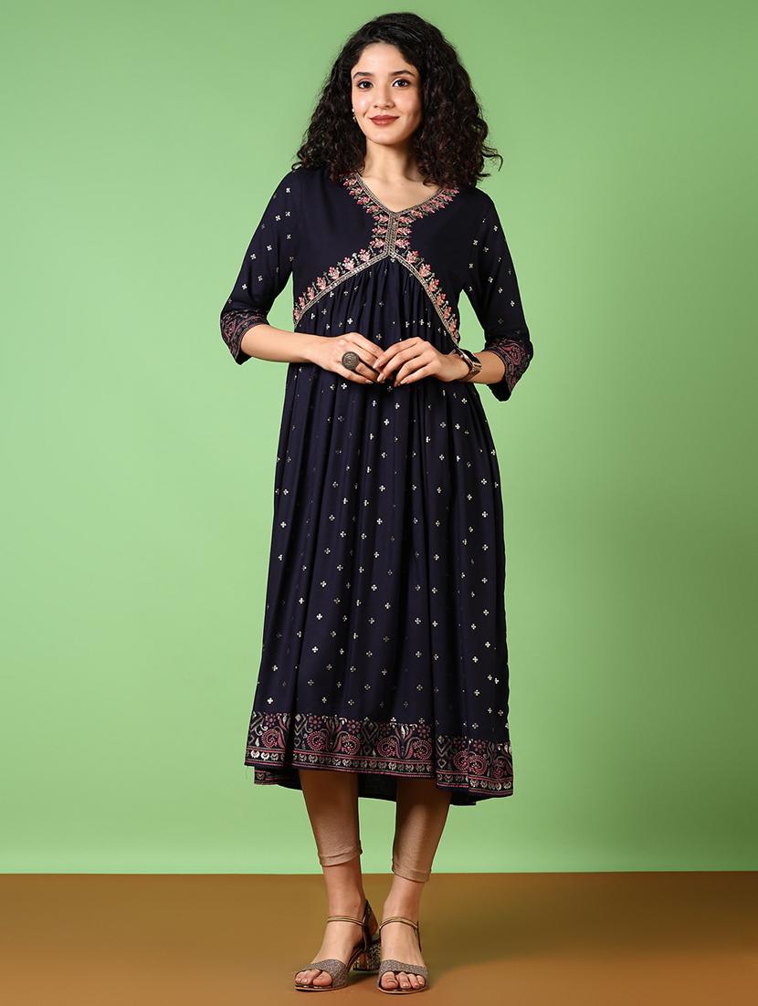 women v-neck embroidered flared kurta