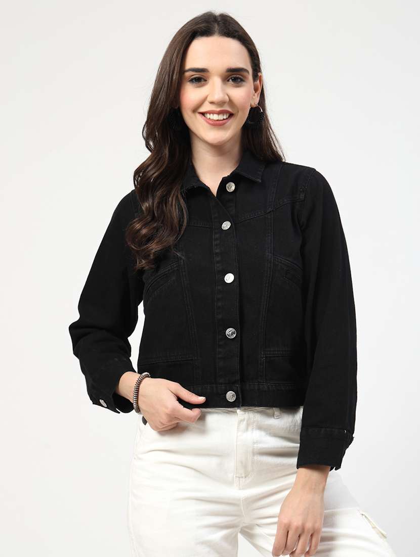 women solid long sleeves denim jacket