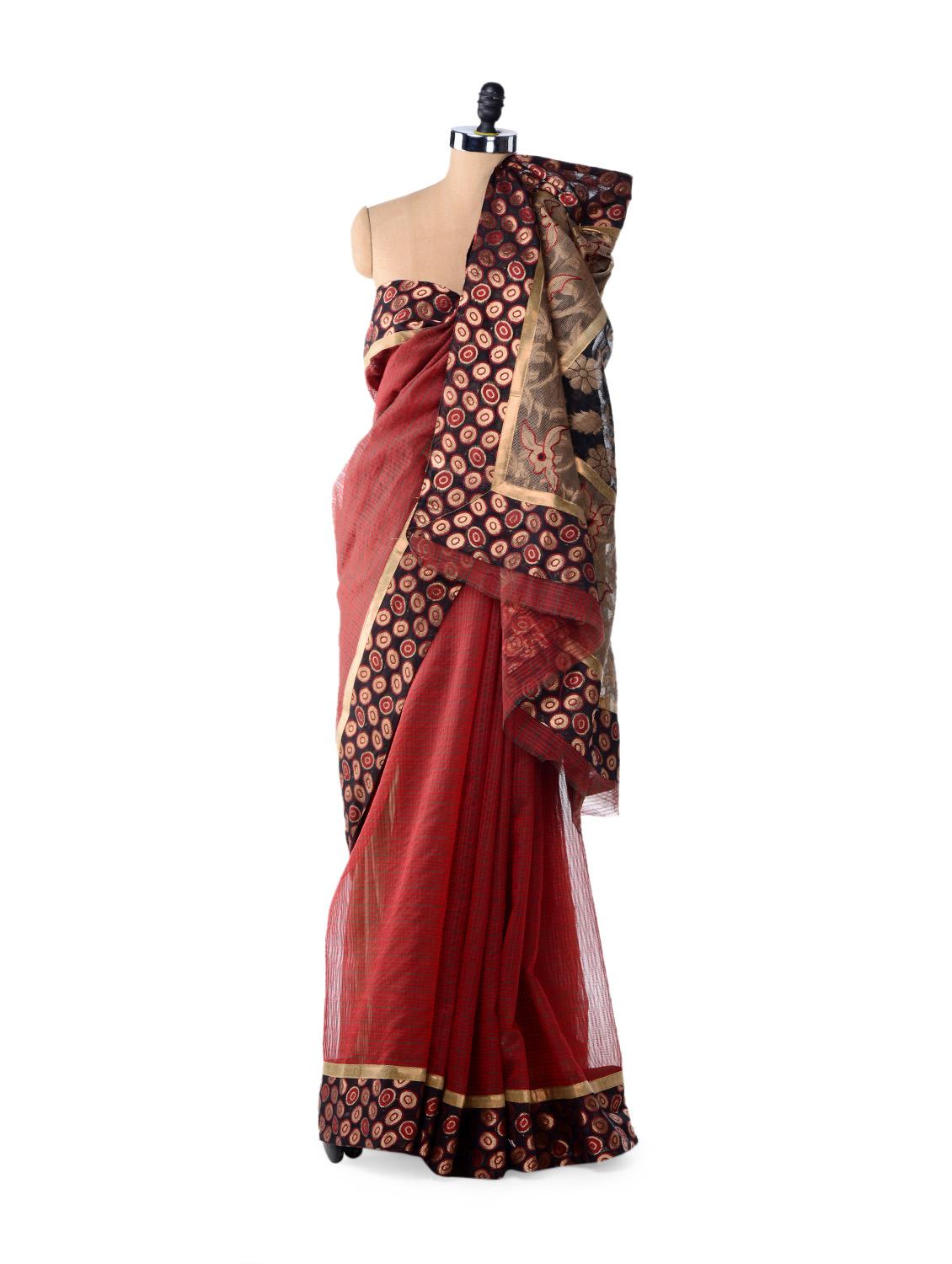 Maroon Designer Supernet Cotton Silk Saree - Bunkar